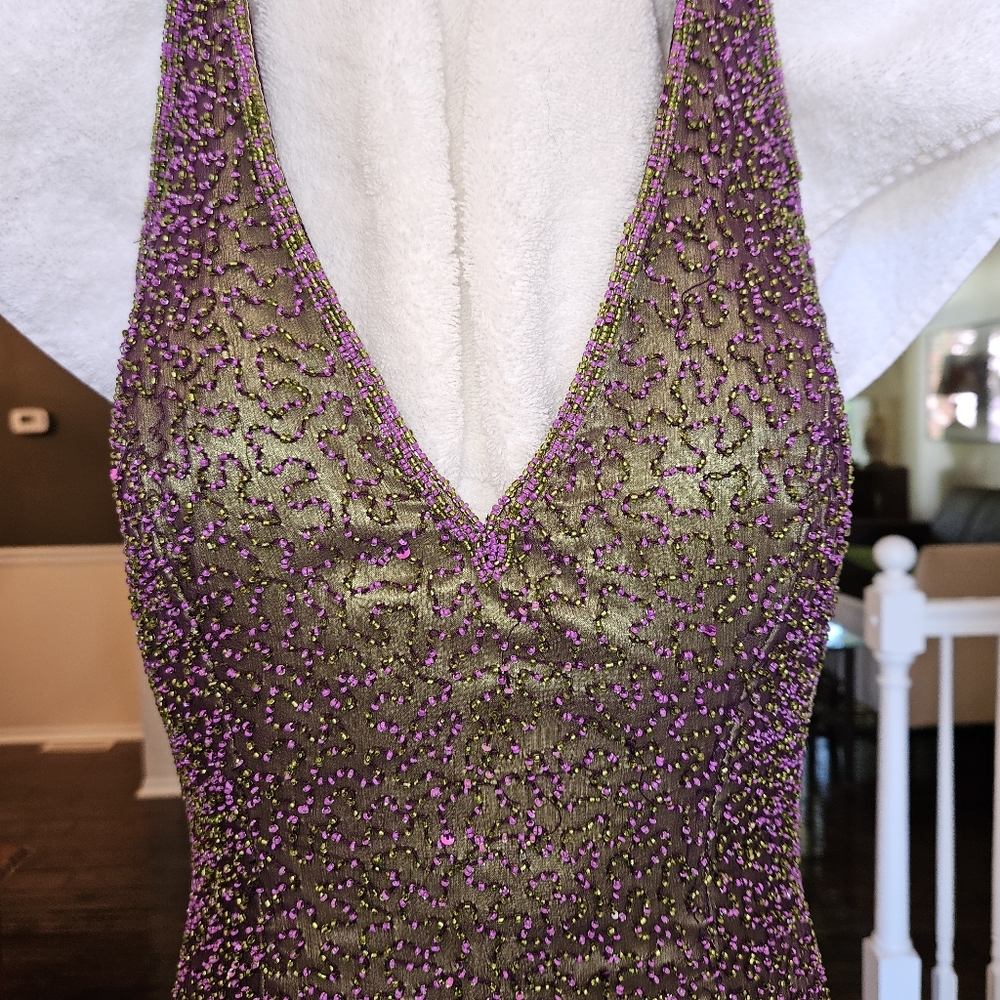Je Matadi Gown Beaded Silk Fabric Shell Prom Formal Glam Purple Green Dress - Picture 9 of 17